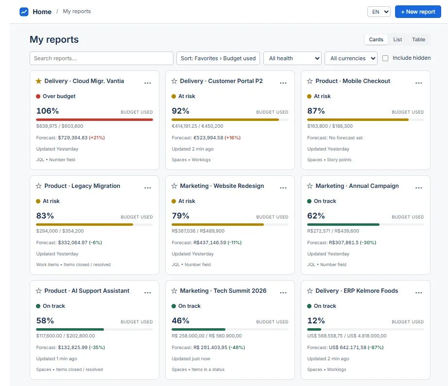 Nine budgets across delivery, product and marketing, each showing spend against budget, forecast, and whether it is on track, at risk or over.