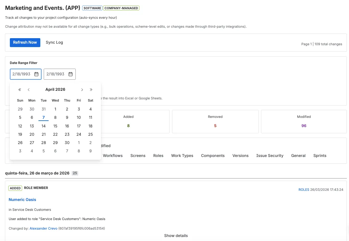 Project change log with user attribution, date filters, and section grouping.