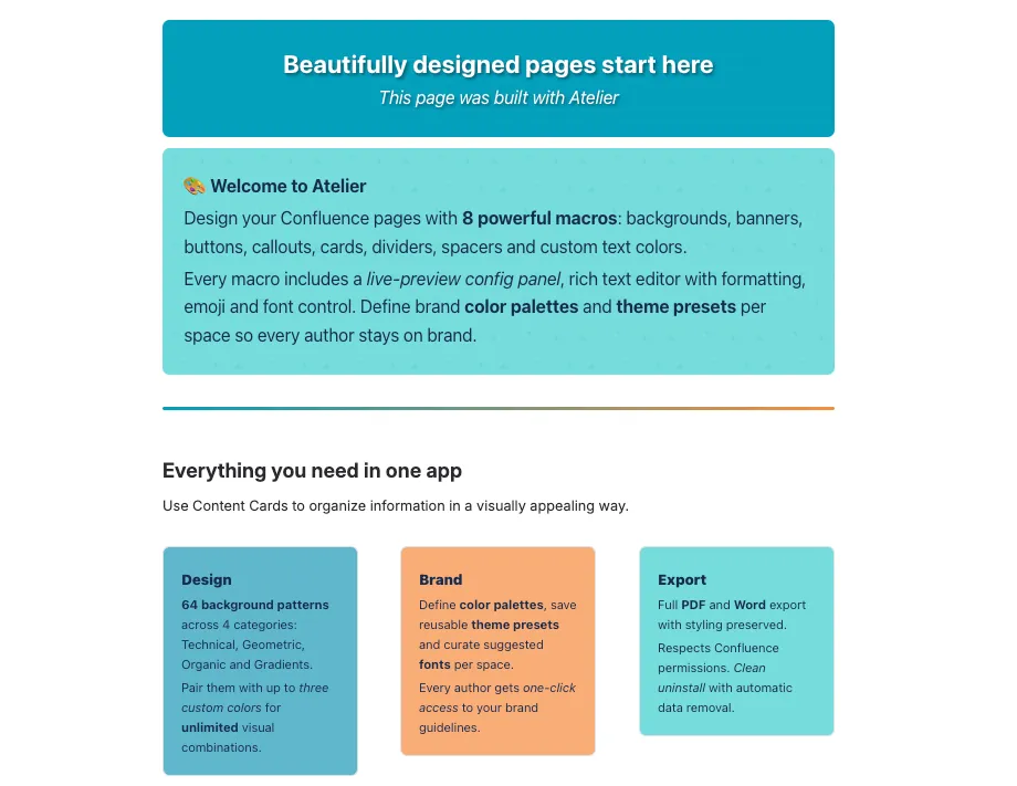 Confluence page styled with patterned banner, custom background, gradient divider, and content cards.