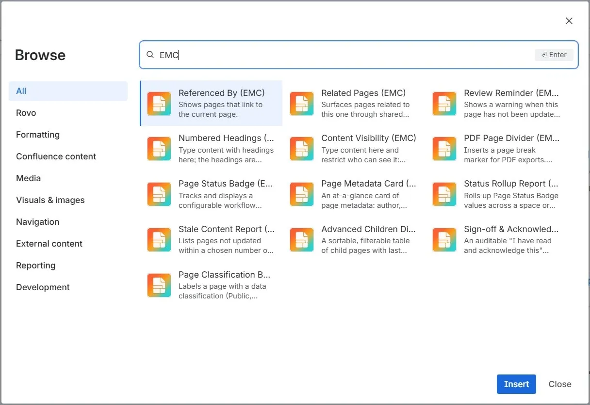 One app, thirteen macros. Typing EMC in the Confluence macro browser brings up the whole collection, and new macros join it at no extra cost.