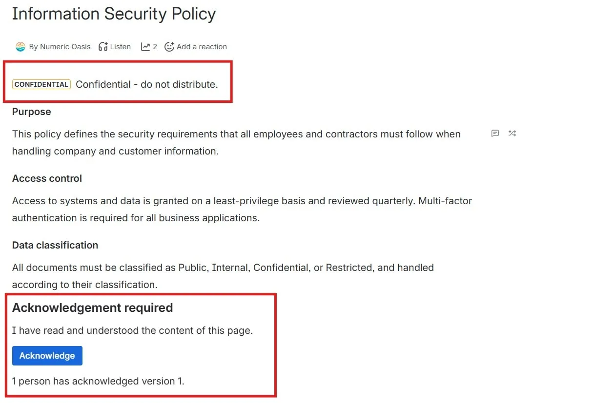 A policy page carrying both governance macros: a Confidential classification banner that survives PDF and Word export, and a per-version acknowledgement that records who has read it.
