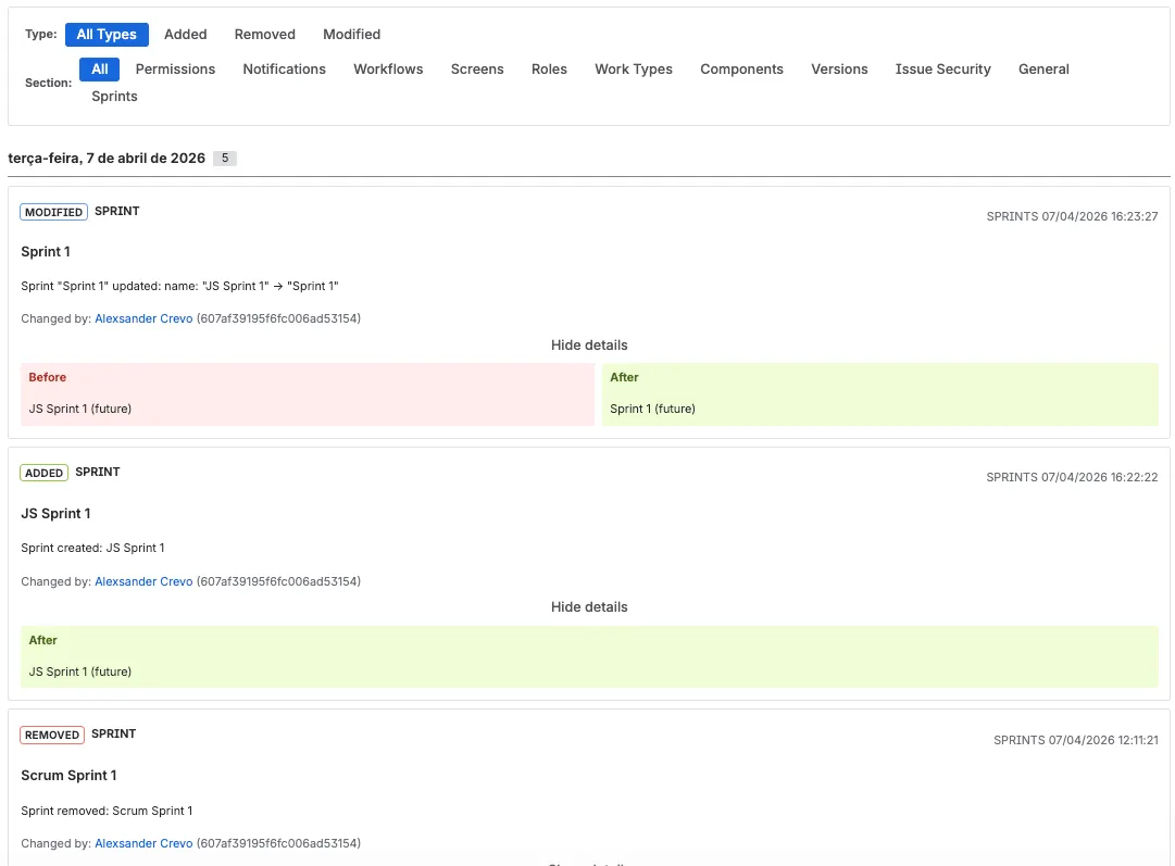 Sprint audit trail showing creation, modification, and removal events with timestamps and user attribution.