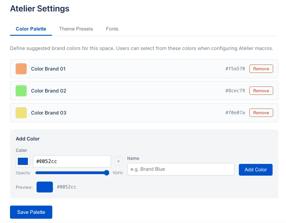 Space settings color palette tab with named brand colors, hex codes, and opacity control.