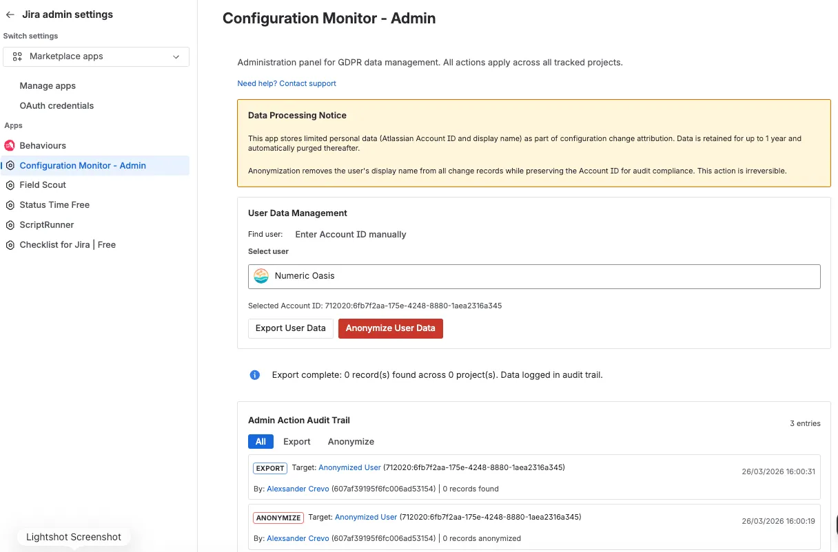 Admin panel with GDPR user data export, anonymization controls, and the admin action audit trail.