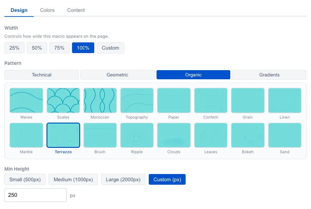 Background macro config panel with 64 patterns, color pickers, and live preview.