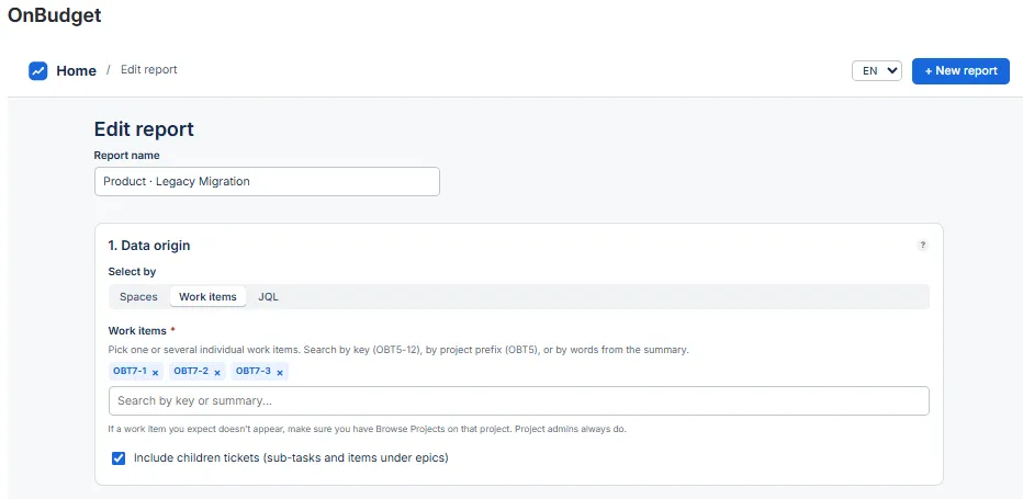 Step one of the builder: point the report at spaces, at individual work items, or at a JQL query, and decide whether to pull in everything under an epic.