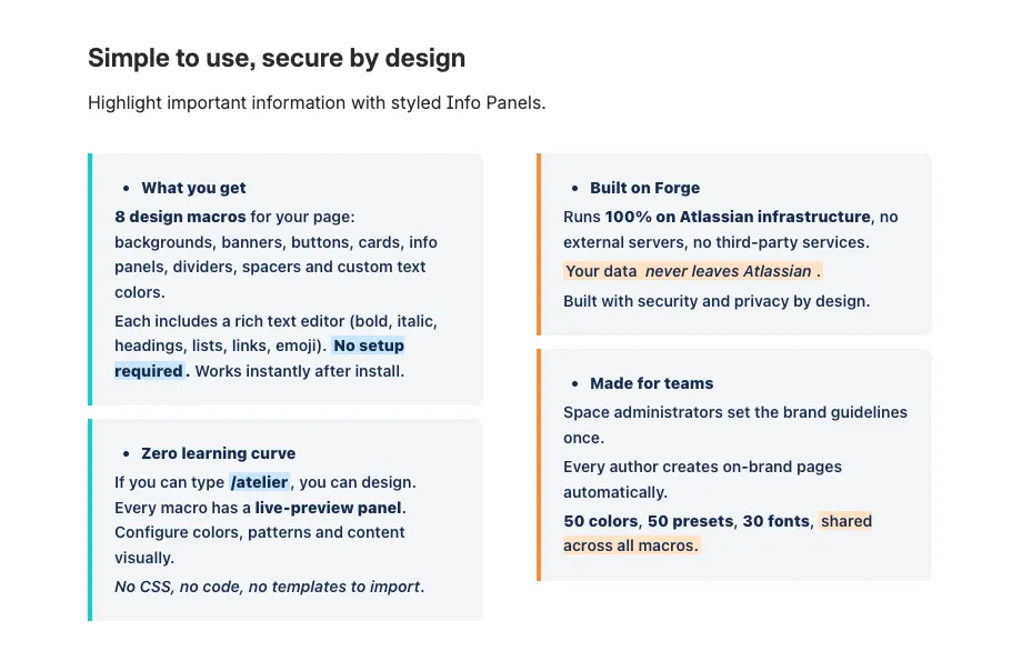 Info panels with different accent colors showing formatted text and brand settings.