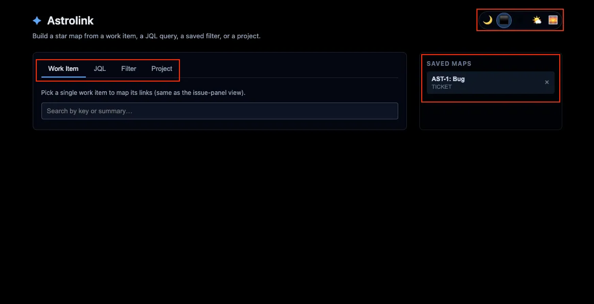 Launch screen with four entry points: work item, JQL, saved filter, or project. Saved Maps panel shows recent views.