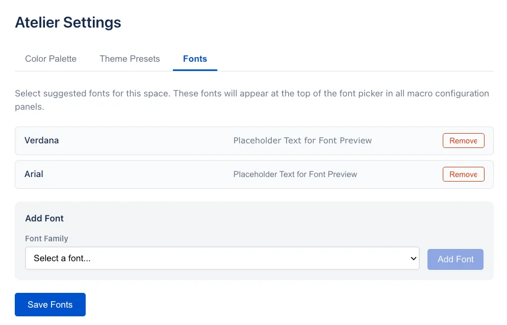 Space settings fonts tab with curated font picker suggestions for the space.