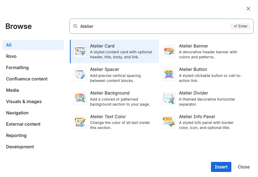 All 8 Atelier macros in the Confluence macro browser: backgrounds, banners, buttons, and more.
