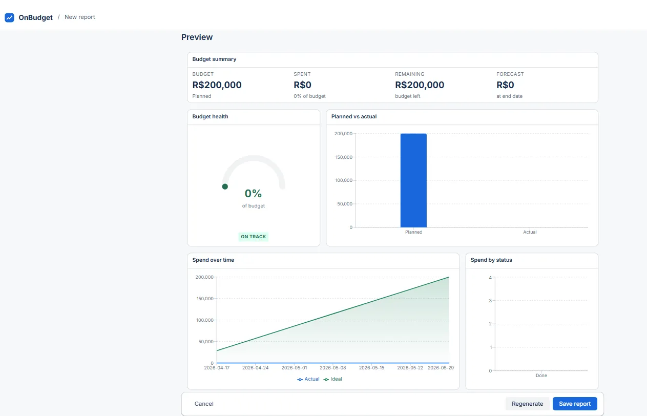 The preview step, before anything is saved. Regenerate until the numbers look right, then save the report.