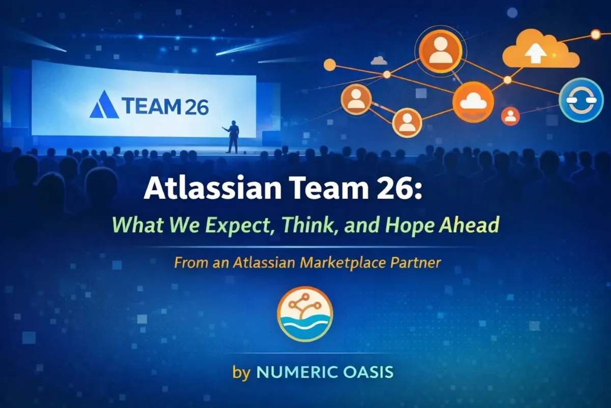 Conference stage under a Team 26 screen, with the title "Atlassian Team 26: What We Expect, Think, and Hope Ahead" over the audience.